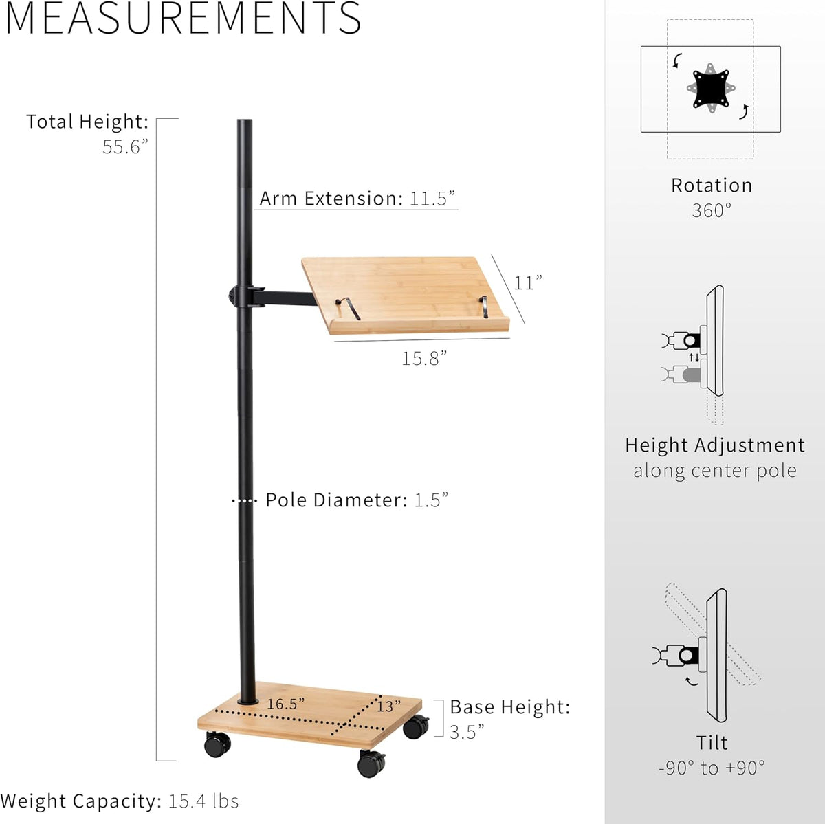VIVO Mobile 16 inch Mobile Podium Reading Stand, Portable Rolling Book Holder, Real Bamboo Surfaces and Black Pole, CART-BK01B