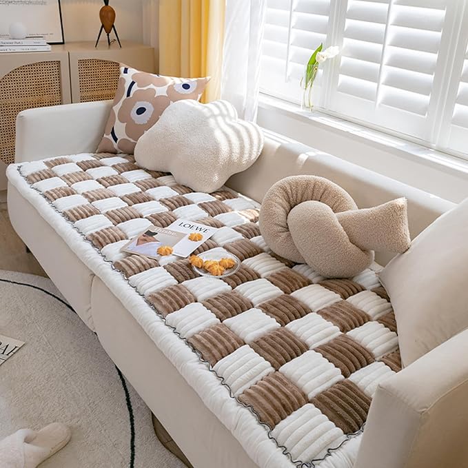 FunnyFuzzy Cream-Coloured Plaid Square Pet Mat Bed Couch Cover, Winter Thickened Dog Bed Cover Pet Blanket Sofa Couch Furniture Protector For Kids Dog Cat(Size:27.6*59.06 in,Color:Dark Brown)
