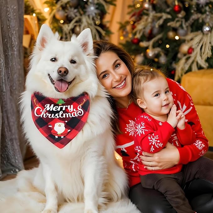 Christmas Dog Bandanas 2PCS-XLarge,Classic Plaid Triangle Holiday Scarf with Santa and Snowman Prints,Winter Pet Outfit for Boy and Girl Dogs,Red Green Plaid Dog Costume for Extra Large Dogs