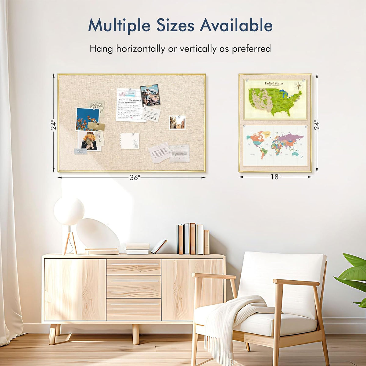 DOLLAR BOSS Linen Bulletin Board, 36'' x 24'', Golden Frame, Beige Brown