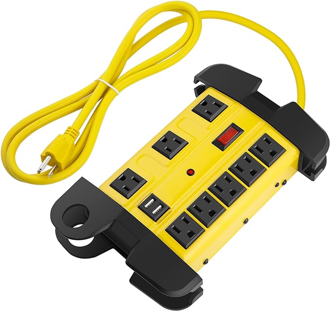 CCCEI Heavy Duty Power Strip with USB, Workshop 8 Outlet Surge Protector 2700 Joules, Industrial Metal 15Amp Power Strip, 4 FT Extension Cord and Wide Spaced Yellow.