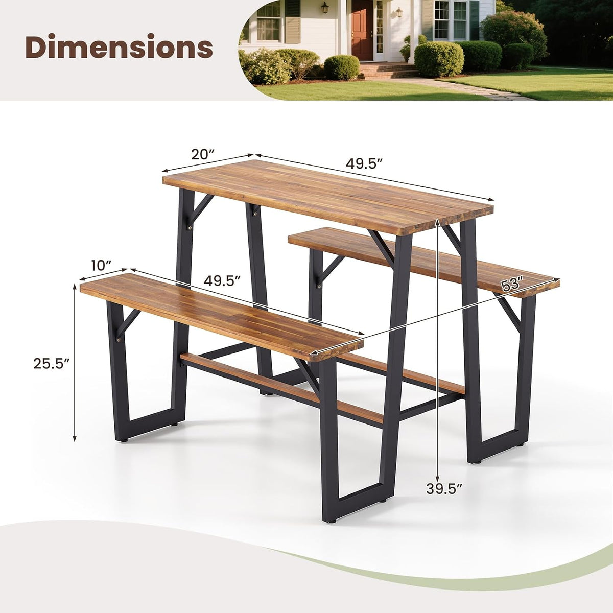 GIANTEX 4.5FT Picnic Table Bench Set for 4, Acacia Wood Outdoor Dining Table Set, Heavy Duty Metal Frame, Footrest Bar, Large Rectangular Tabletop for Porch Patio Lawn Garden
