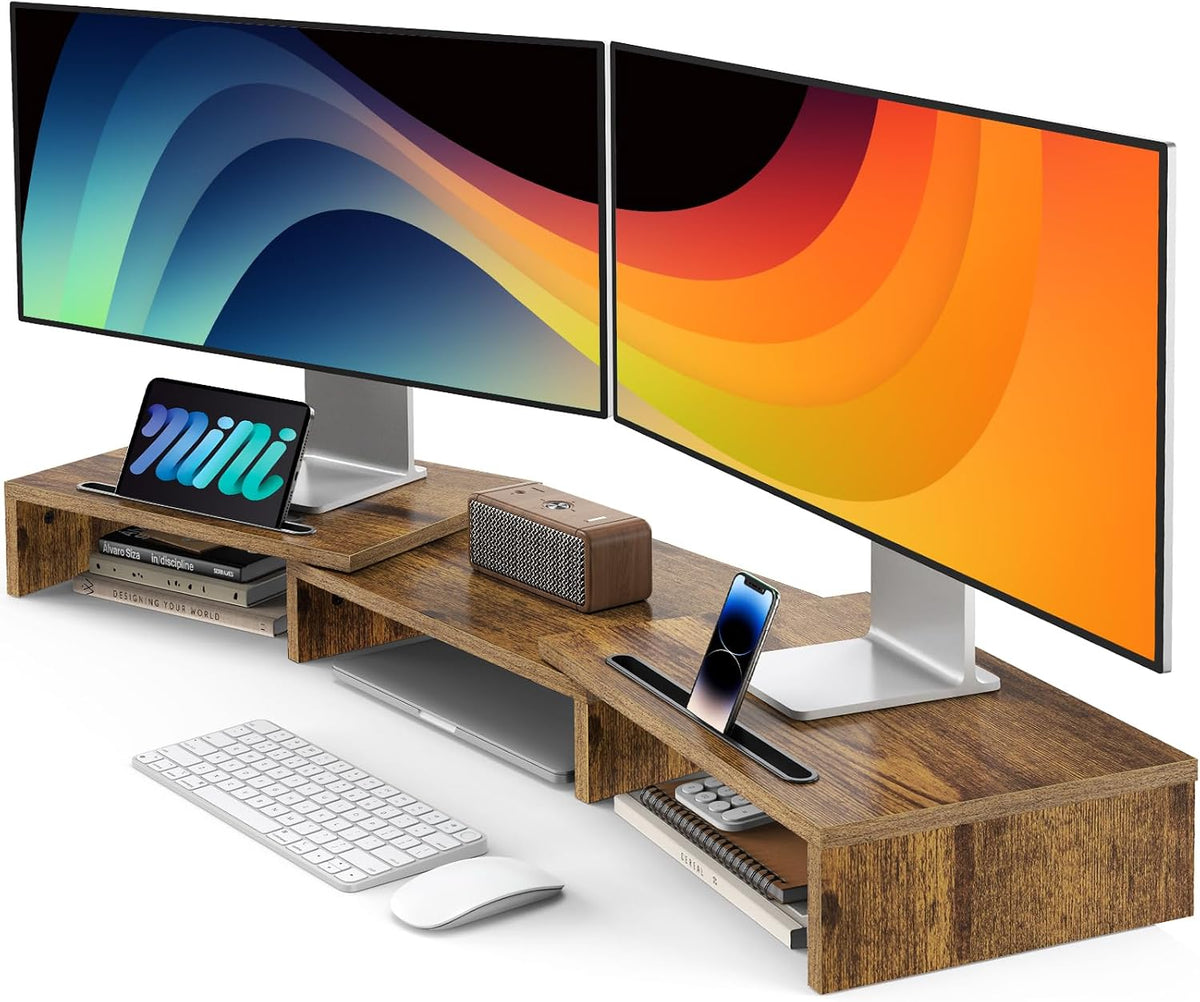 AMERIERGO Dual Monitor Stand Riser- 3 Shelf Screen Stand with Adjustable Length and Angle, 2 Extra Functional Slot Desktop Organizer Stand for PC, Computer, Laptop (Rustic Brown)