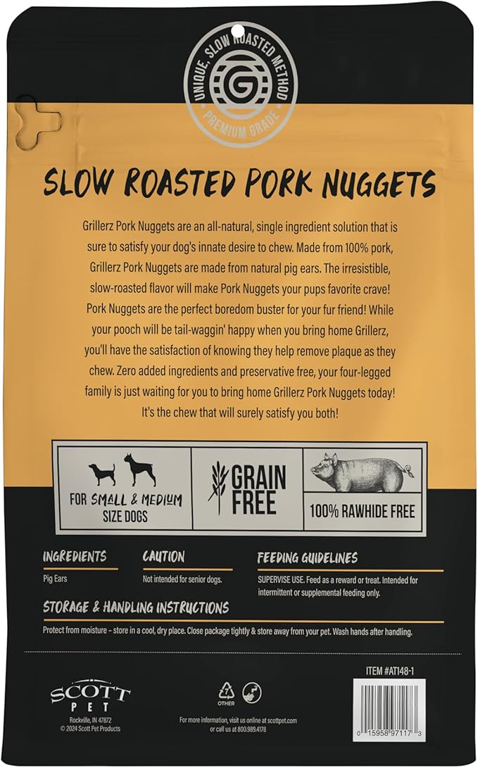 Grillerz Pork Nuggets, 1lb Bag, Single Ingredient, All Natural Pig Ears for Dogs, Dog Chew for Healthy Teeth, High Protein, Easily Digestible, For All Life Stages