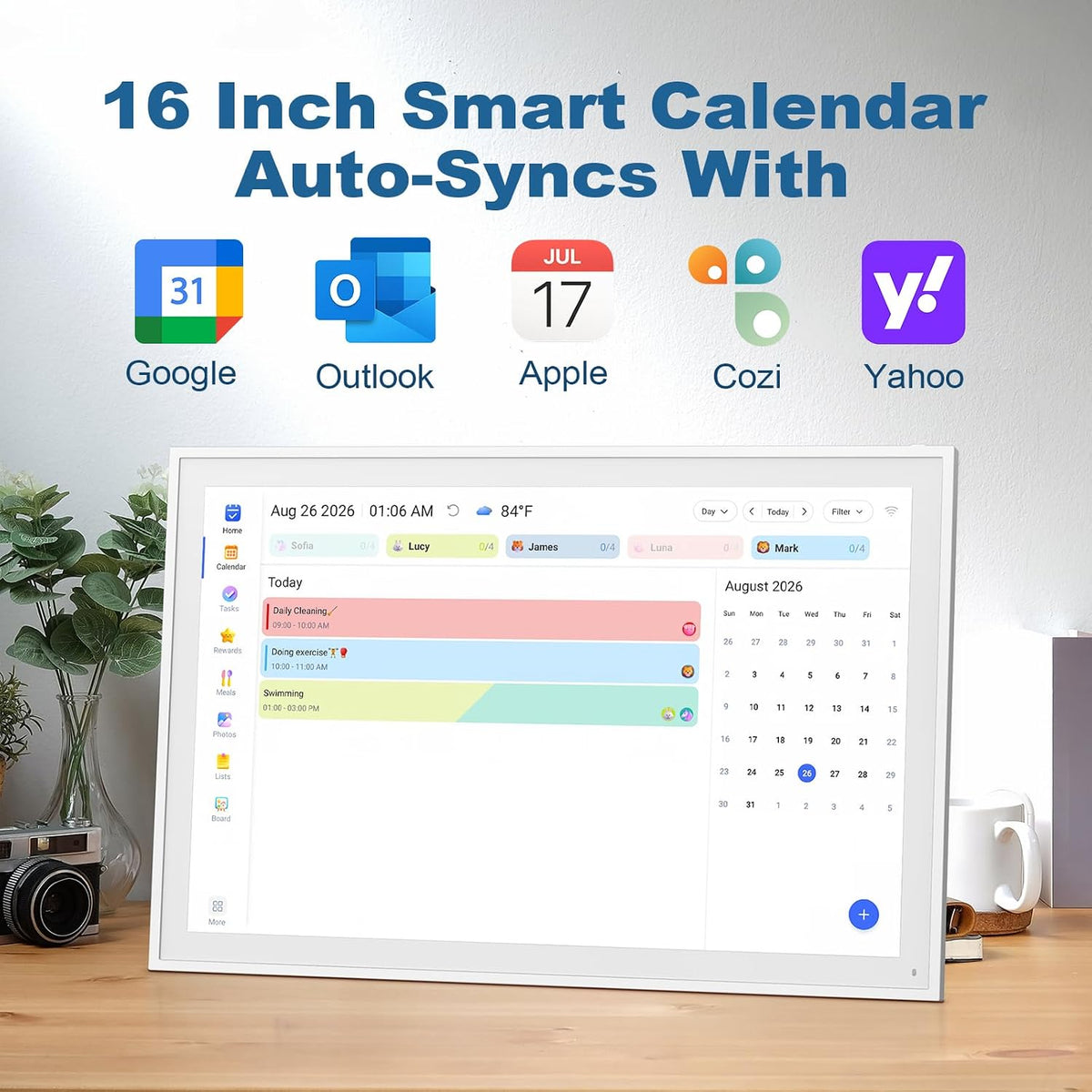 16" Digital Calendar, Smart Touchscreen Chore Chart & Planner, White