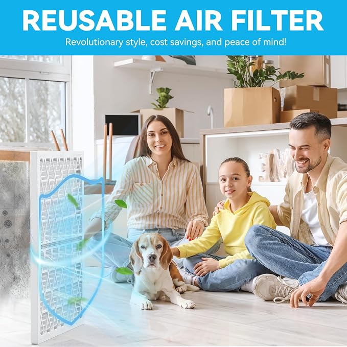 Reusable 12x12x1 Air Filter, 1 Foldable Frame + 6 Refills