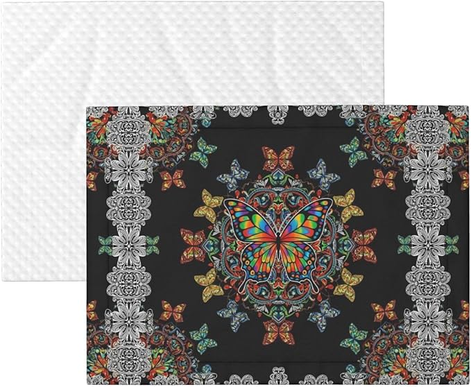 Dog and Cat Blanket in One, Butterflies Mandala Rainbow Art Black and White, Double Sided Plush Throw with Raised Dot Pattern on One Side and Flat Velvet on Other for Variety
