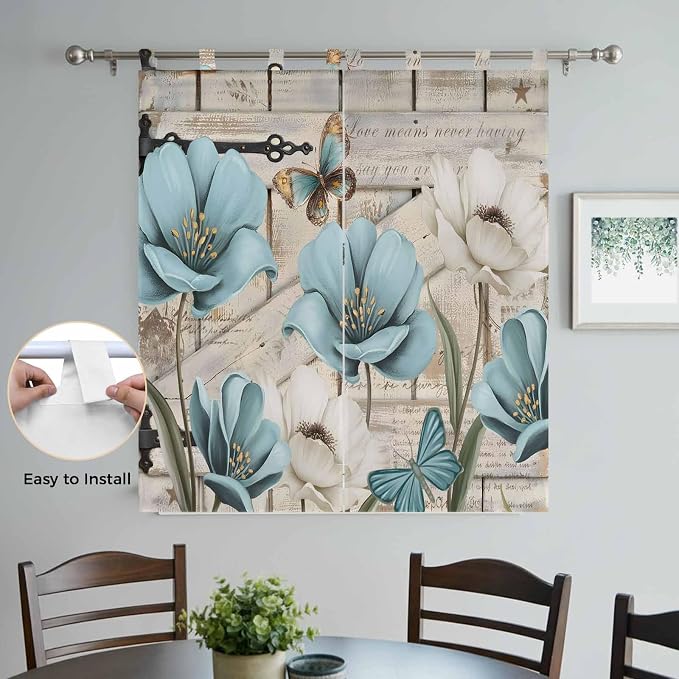 Teal Blue Tulips Living Room Curtains 84 Inch Length, Window Curtains Tab Top