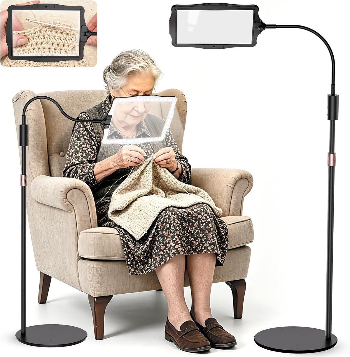 Hands Free Floor Standing Magnifying Glass with 48 LED Rechargeable Light, Adjustable Stand Large Magnifier for Seniors Reading Sewing Craft Embroidery Close Work DIY