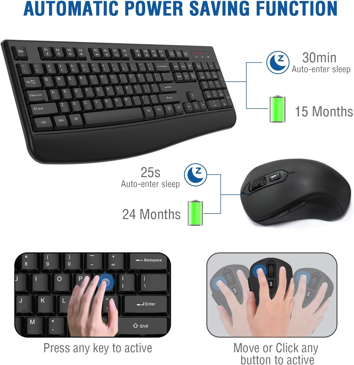 Wireless Keyboard and Mouse Combo, EDJO 2.4G Full-Sized Ergonomic Computer Keyboard with Wrist Rest and 3 Level DPI Adjustable Wireless Mouse for Windows, Mac OS Desktop/Laptop/PC(8 Pack)