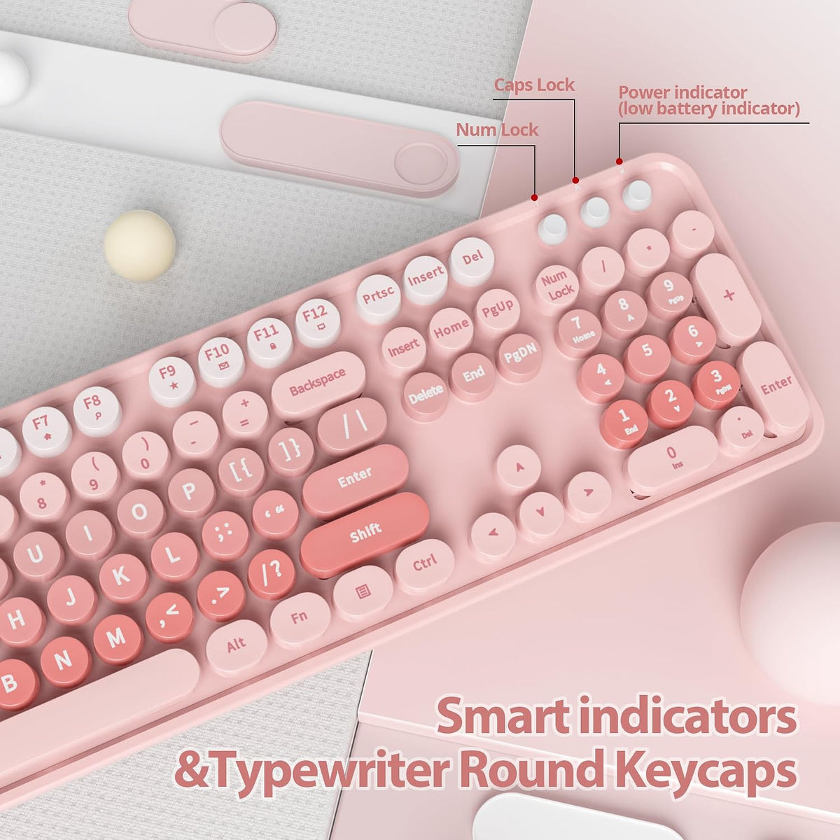 Wireless Keyboard Mouse, SbocKeeb Retro Typewriter Cute Keyboard Pink