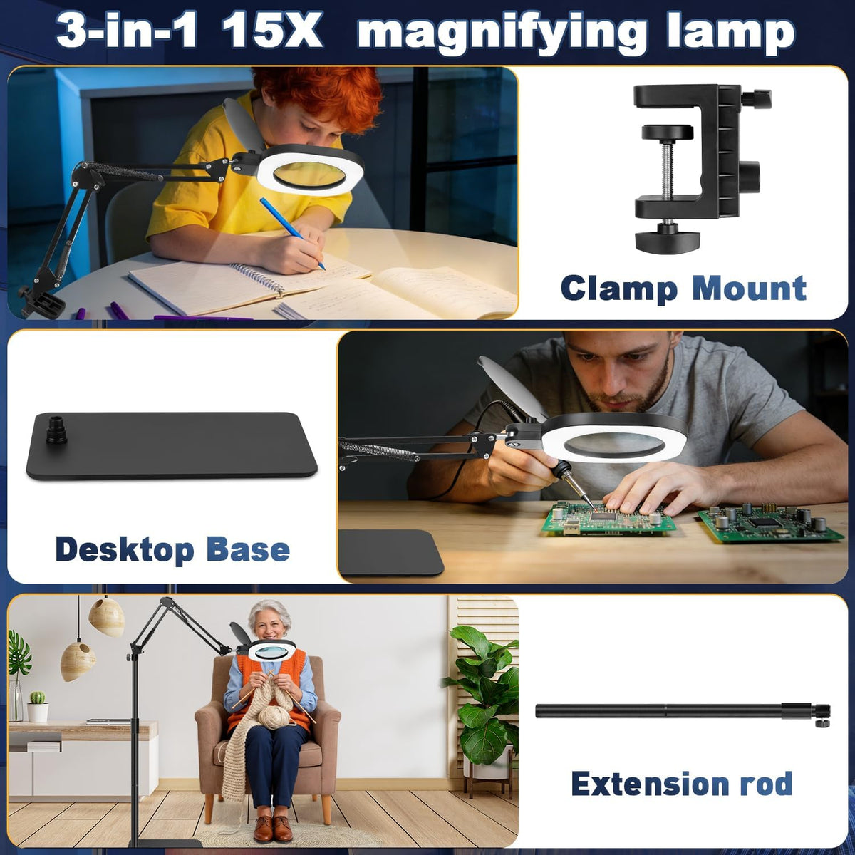 15X Real Glass Standing Magnifying Glass with Light and Stand, 3-in-1 Adjustable Magnifying Floor Lamp & Desk Lamp with Clamp, LED Dimmable Swing Arm Magnifier, Hands Free for Reading Crafts Repair