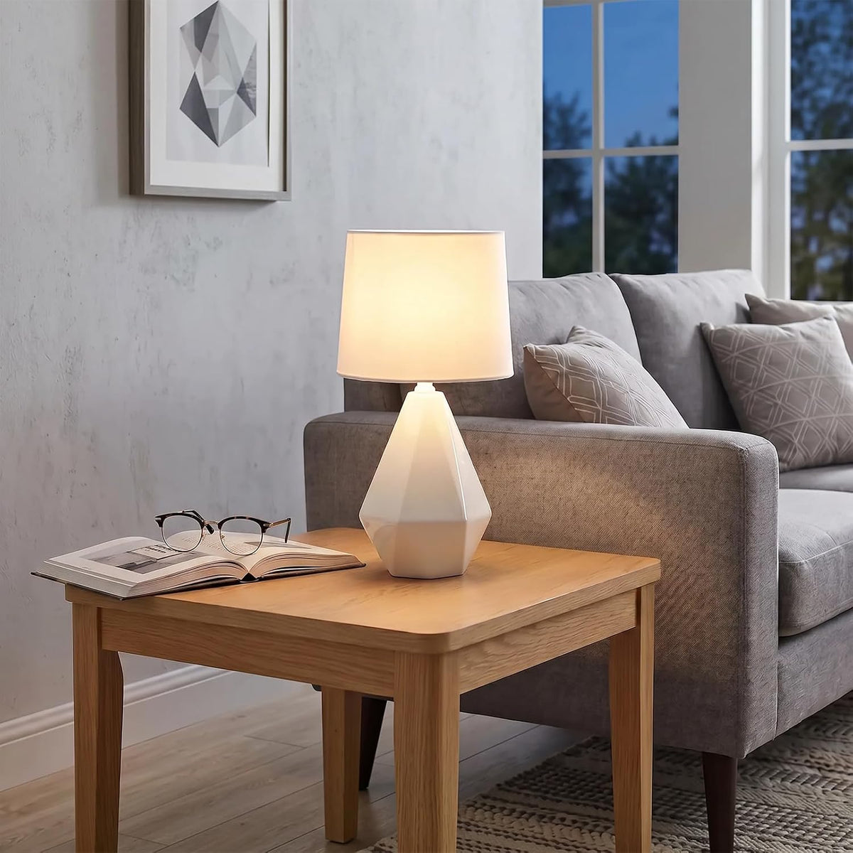 SOTTAE 15" Modern Small Ceramic Table Lamp, White Irregular Geometric Bedside Table lamp for Bedroom,Nightstand Lamps with White Fabric Shade, Small Lamp for Kitchen Living Room