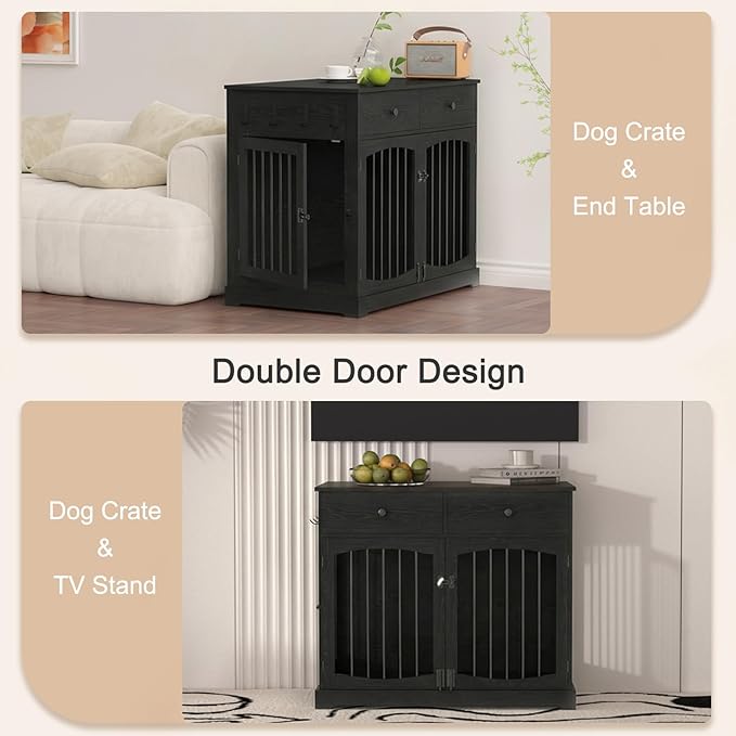 BREEZEHEAT 40 inch Dog Crate Furniture-Farmhouse Dog Kennel with Drawers-End Table Wooden Pet Crate, Double Door Design, Decorative Dog House Indoor for Small Medium Large Dog,Brwon