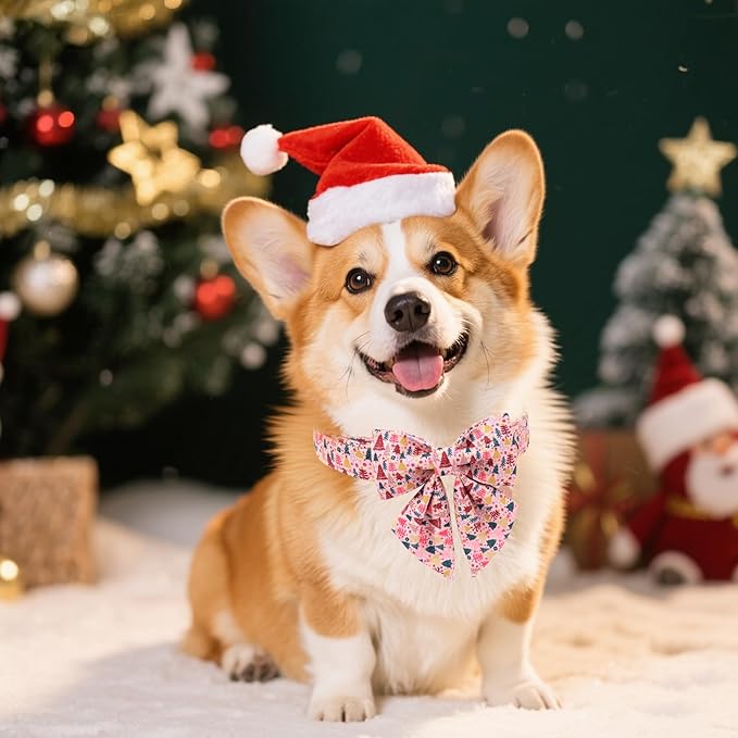 Christmas Dog Collar with Bow Tie, Pink Christmas Tree Collars for Dogs, Adjustable Pet Collar with Cute Xmas Tree Pendant, Winter Dog Accessories for Small Medium Large Dogs XL