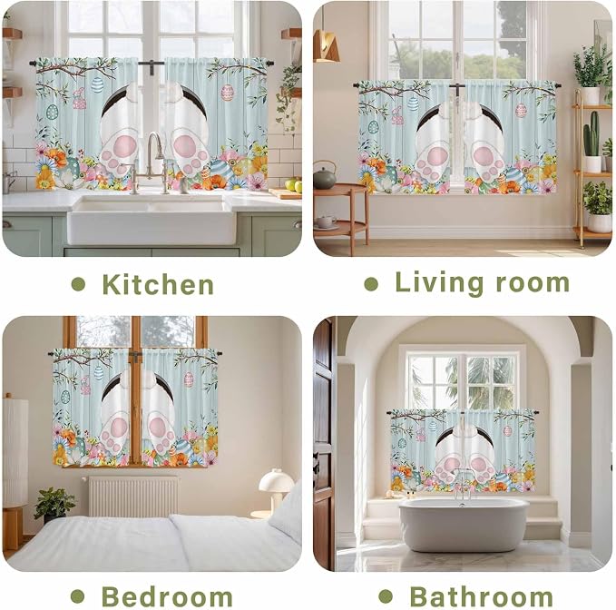 Easter Bunny Kitchen Tier Curtains 45 Inch Long 2 Panel Set, Rod Pocket Short