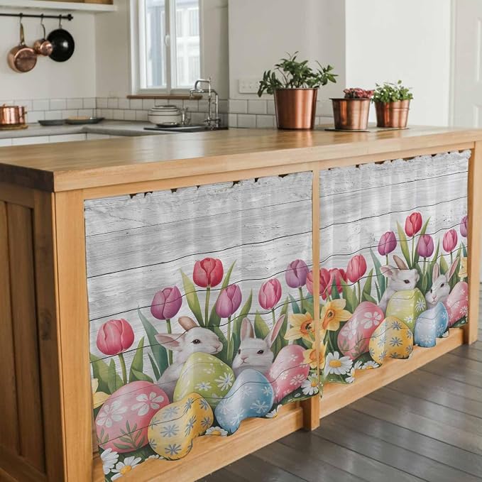 Easter Kitchen Tier Curtains 24 Inch Long 2 Panel Set, Rod Pocket Cafe Small