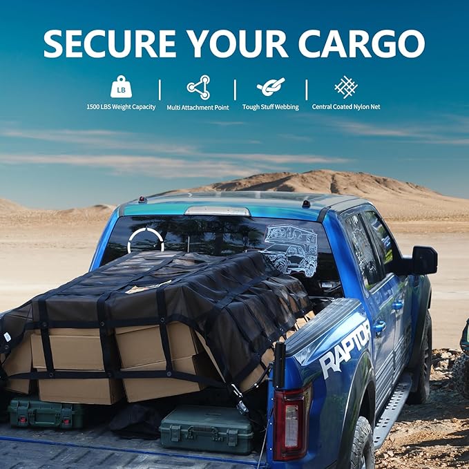 Tecoom Truck Bed Net, Heavy Duty with Mesh - 7.51' x 7.35' Truck Bed Bungee Net Mesh with Capacity 1,500 lbs - Compatible with Trailer, Trucks, Boat, Jeep, Pickup
