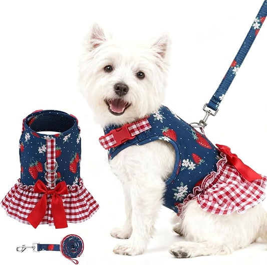 EXPAWLORER Dog Harness Small Medium Sized Dogs, Plaid Dog Dress Bowknot Harness and Leash Set, No Choke No Pull Soft Mesh Vest Cute Princess Puppy Outfits Clothes Costume for Girls Party Cats Navy M