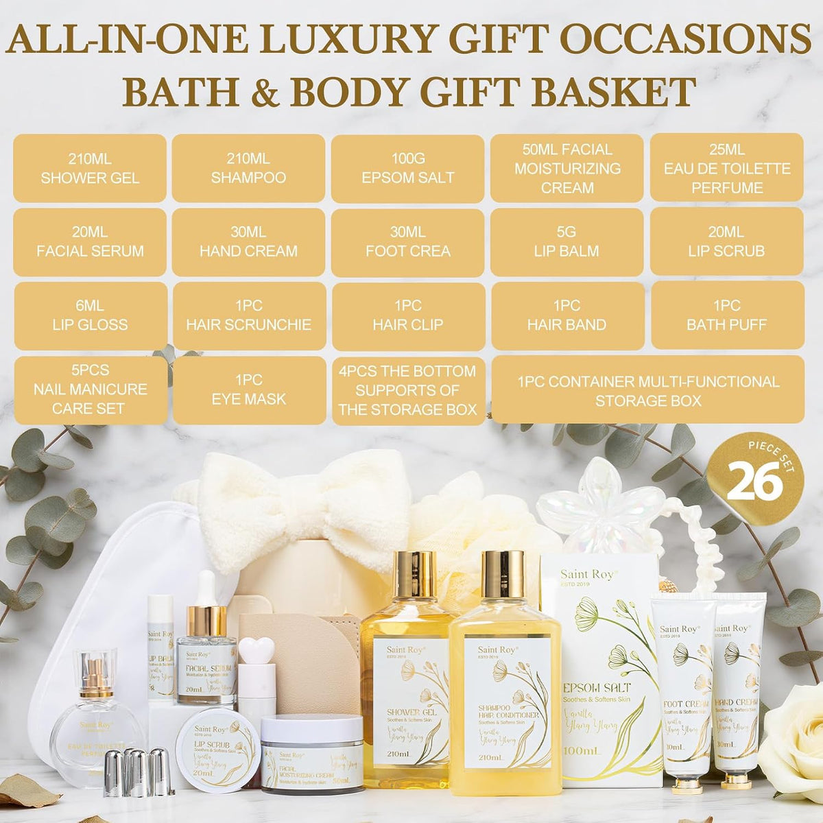 23Pcs Bath and Body Vanilla YLANG YLANG Gifts for Women, Spa Gift Basket