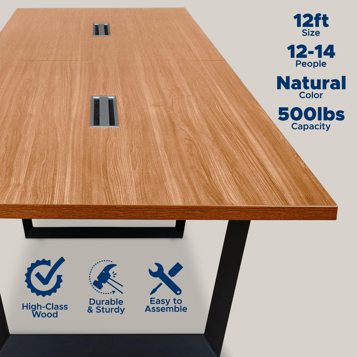 12FT Conference Table with Cable Management Grommets — Modern Rectangle Office Meeting/Boardroom Table with Melamine Wood Top and Metal Frame (Natural)