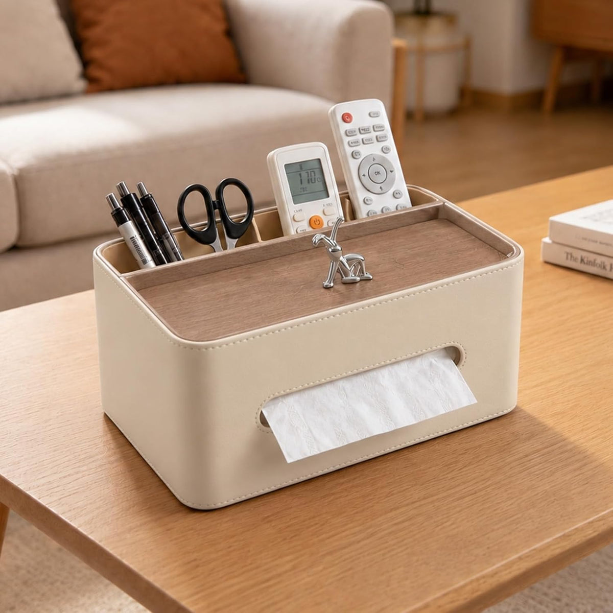 PU Leather Rectangle Tissue Box Cover with Storage Organizer, White