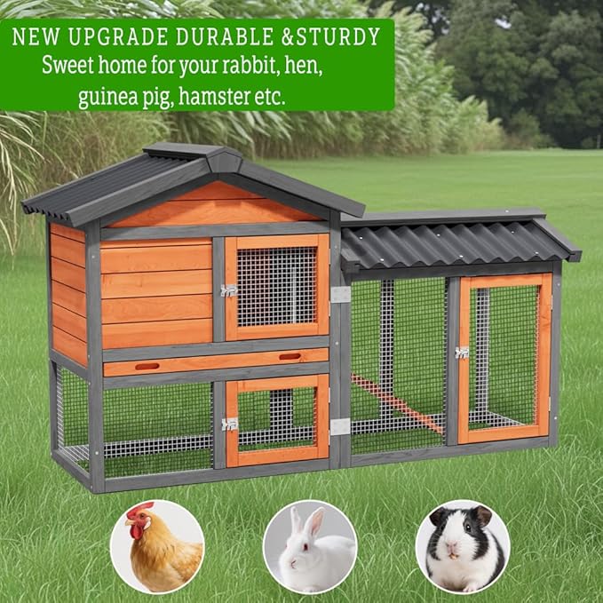 Chicken Coop, Chicken Run,Small Wooden Duck Coop Outdoor 2-Tier Hen House All Weather Used Poultry Quail Cage Rabbit Pet Hutch House with Ramp for Small Animals Outside (Brown with Black)