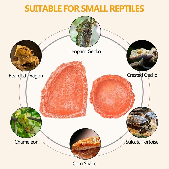 Reptile Water Dish Food Bowl for Bearded Dragon Tank Accessories, Hyggerzoo Reptile Rock Feeder for Tank 2 Pack Corner Resin Terrarium Bowl for Leopard Gecko Hermit Crab Tortoise Snake, Orange