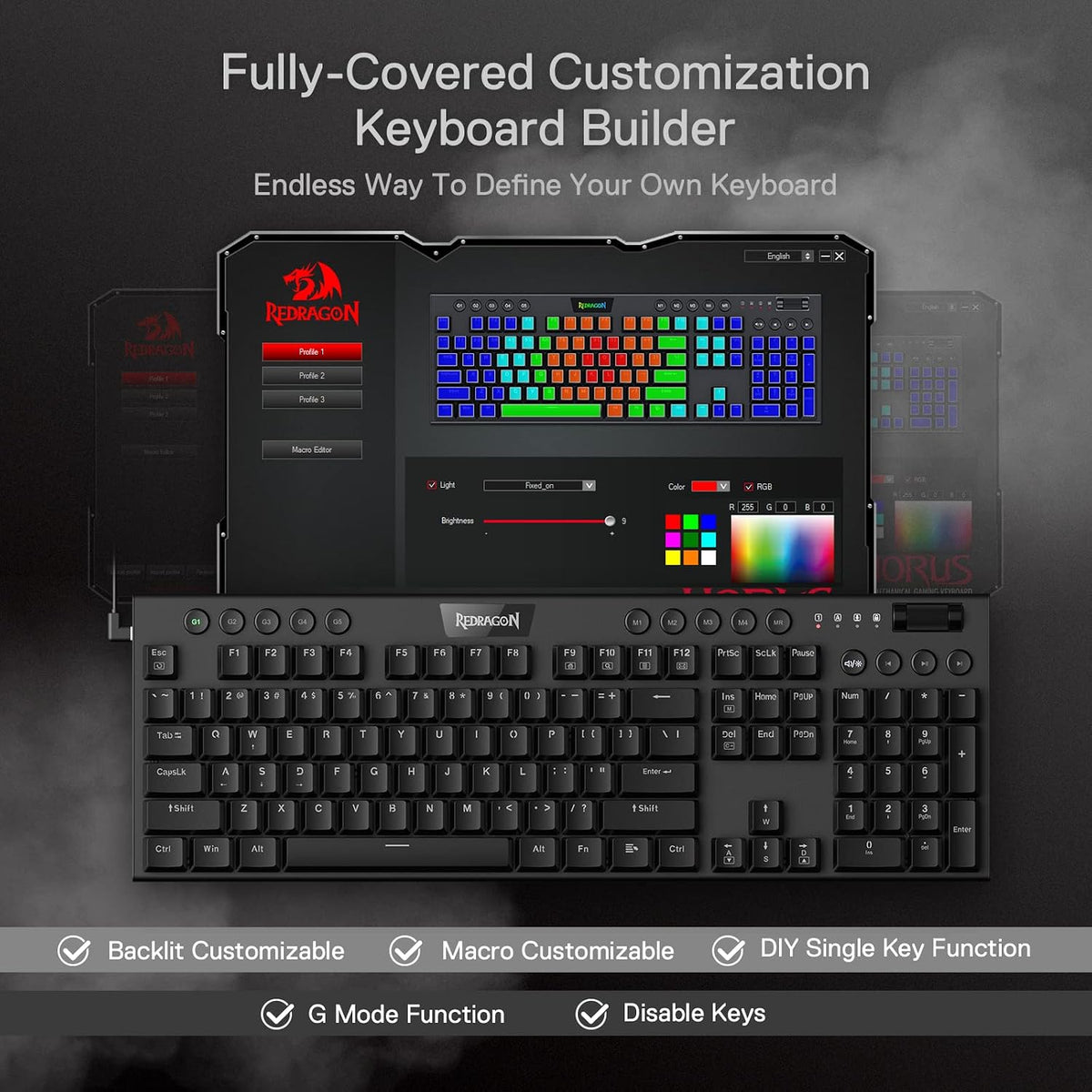 Redragon K619 Horus RGB Mechanical Keyboard, Ultra-Thin Designed Wired Gaming Keyboard w/Low Profile Keycaps, Dedicated Media Control & Linear Red Switch, Pro Software Supported