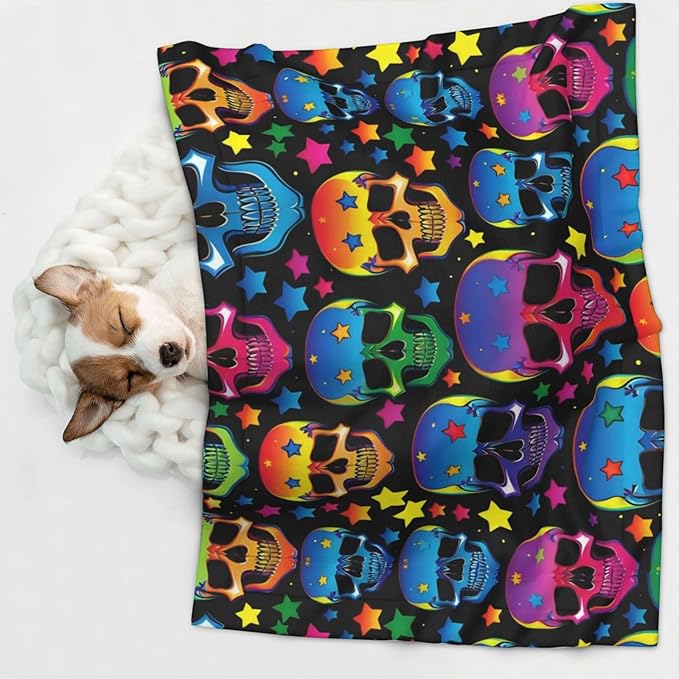 Reversible Dog Blanket for Beds Couches, Colorful Stars Neon Skulls, Double Sided Cat Blanket with Textured Dot Feel and Smooth Feel for Seasonal Comfort All Year