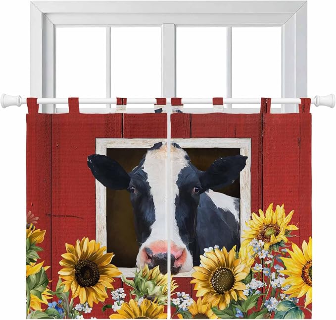 Cow Sunflowers Kitchen Curtains 45 Inch Length, Short Cafe Window Curtains Tab