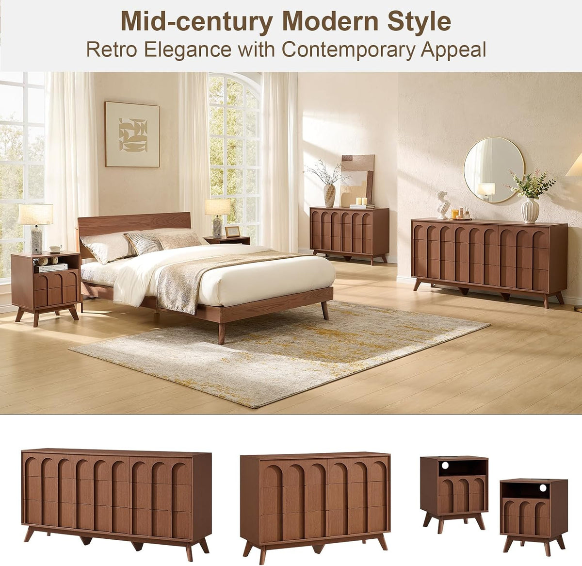 Oak&Sparrow Mid Century Modern Dresser for Bedroom, Walnut 9 Drawer Dresser with Arched Front, 63'' Wide Chest of Drawers Wood Storage Organizer for Living Room
