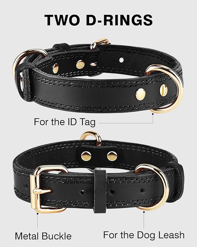 Joytale Leather Dog Collar for Medium Dogs, Genuine Thick Solid Leather, Heavy Duty Sturdy Pet Collar, Adjustable Metal Pin Buckle for Reliable Daily Training and Walking, Black, M