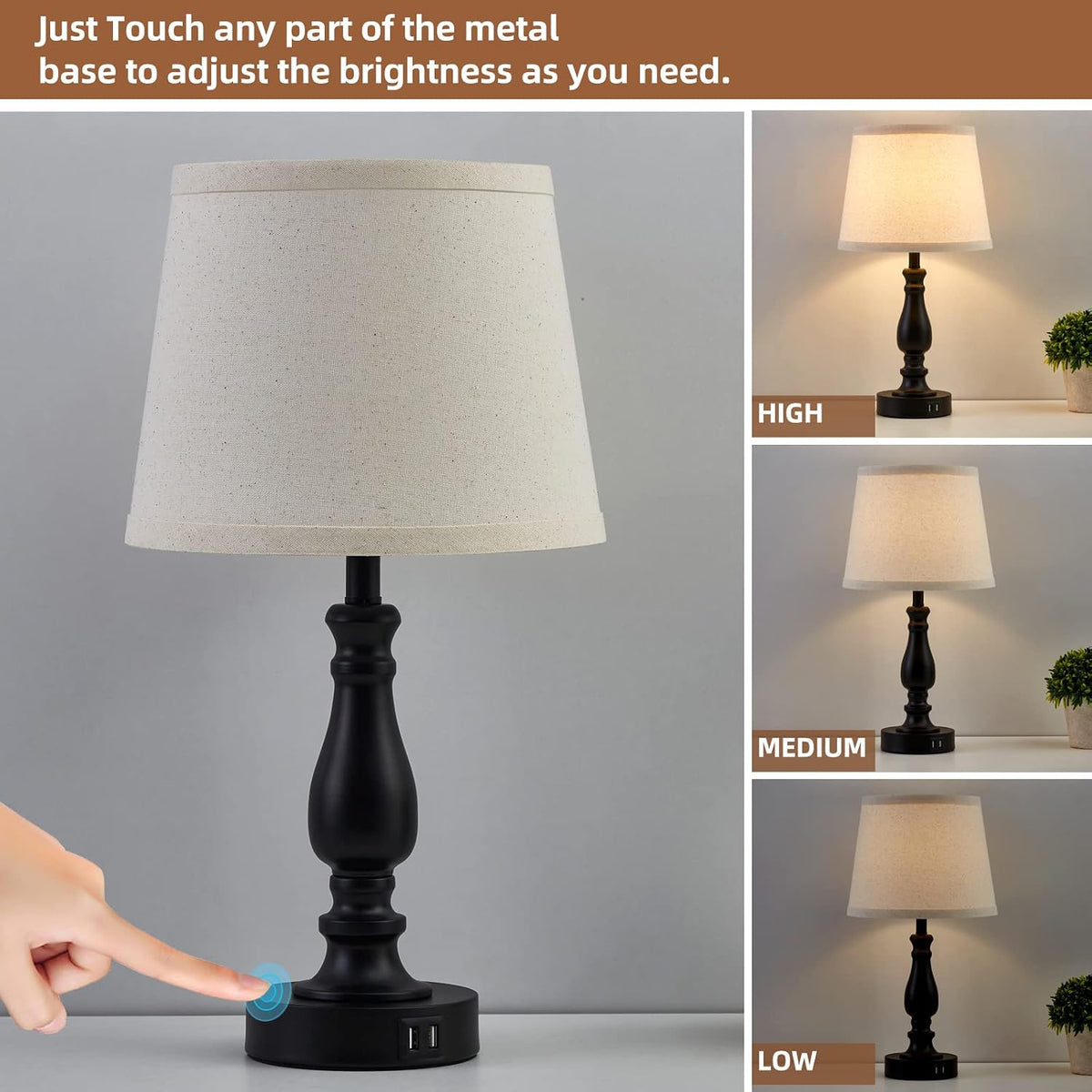 Lamps for Bedroom Set of 2, Touch Bedside Table Lamp with USB C+A Ports