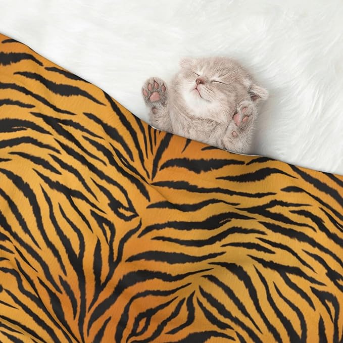 Pet Blanket for Travel and Home, Animal Print Tiger Black Gold, Reversible Plush Dot Design with Soft Grip Texture on One Side Perfect for Car Seats Moving Vehicles