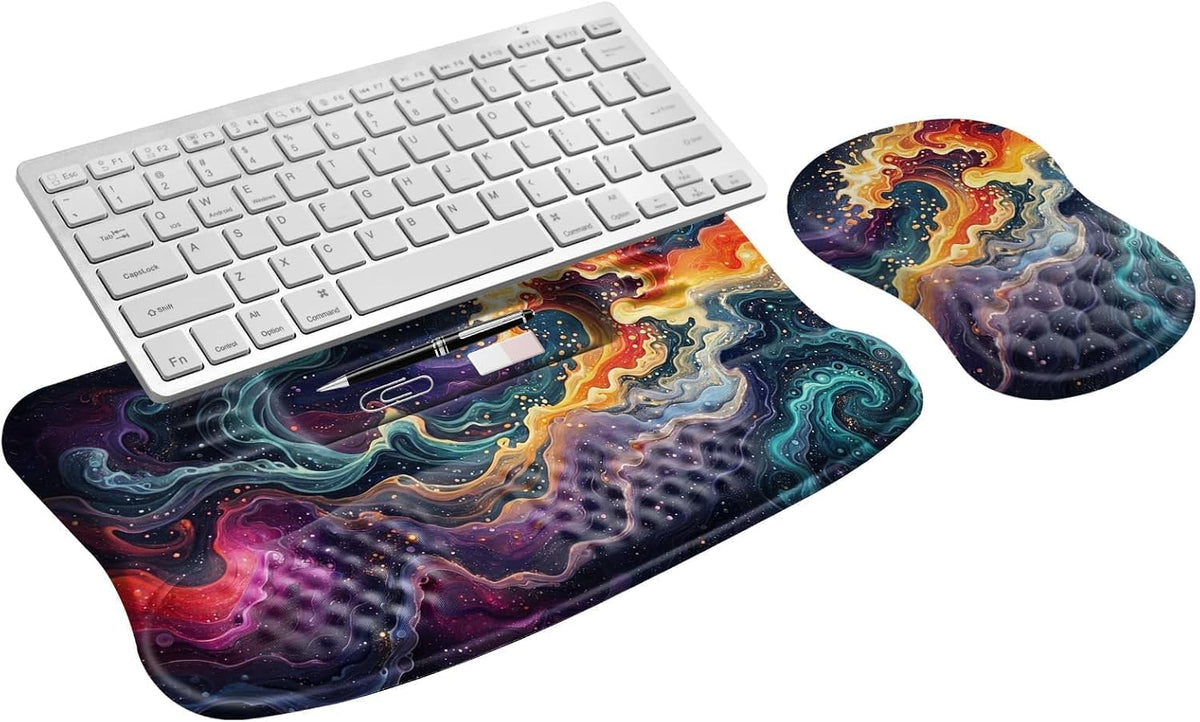 Ergonomic Keyboard Stand and Mouse Pad Set, Adjustable 3°/13° Keyboard Riser with Wrist Rest, 8° Massage Mouse Pad, Memory Foam Wrist Support, Non-Slip PU Base for Office & Gaming, Starry Sky
