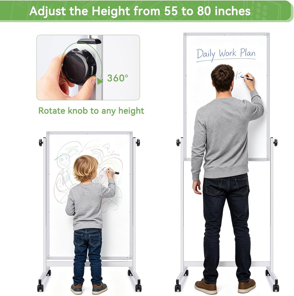 Rolling Whiteboard on Wheels 48" x 32" Aluminum Frame