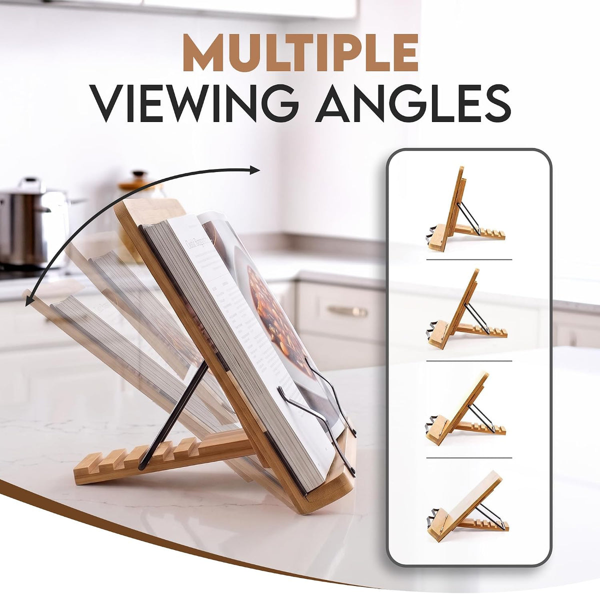 Bamboo Cookbook Stand Large, Adjustable Book Holder Tray and Page Paper Clips - Walnut Color Large - 4-Position Recipe Book Stand Holds Thick Books for Kitchen Counter, Reading, Studying - Foldable