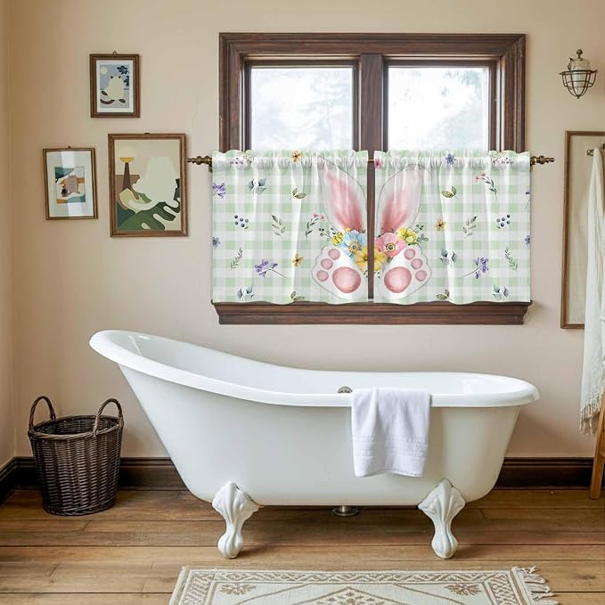 Easter Kitchen Tier Curtains 36 Inch Long 2 Panel Set, Rod Pocket Half Window