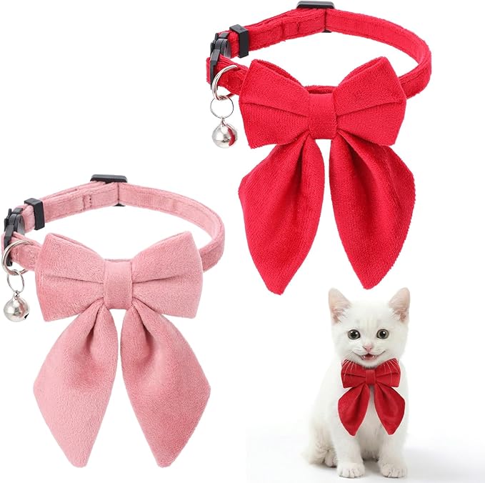 2Pcs Cat Collars for Girl Cats Breakaway Pink Cat Collar with Removable Bow Adjustable Kitten Collar with Bell for Cute Kitten Girl Cats （Pink Red）