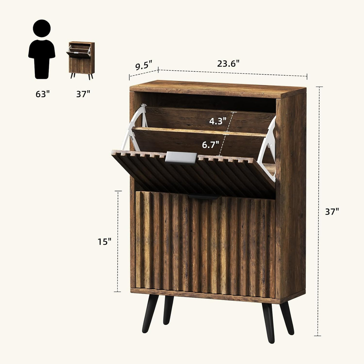 Slim Wood Shoe Cabinet with Flip Drawers, Modern Narrow Entryway Shoe Storage Organizer for Hallway, Fluted 23.6" Shoe Cabinet, Brown Hidden Shoe Storage, Mid Century Style, Walnut