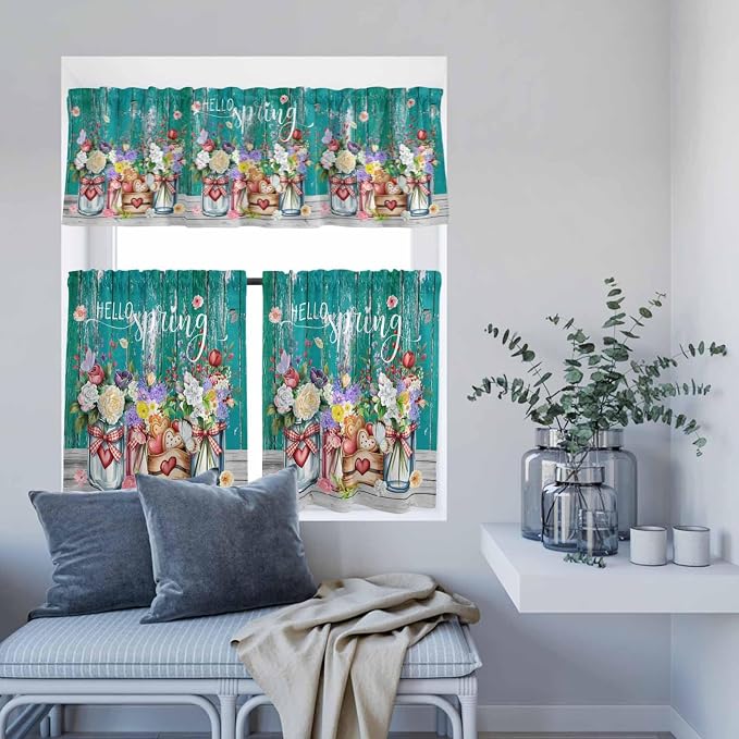 Spring Flowers Kitchen Curtain Set, Farmhouse Watercolor Teal Wood Grain Window