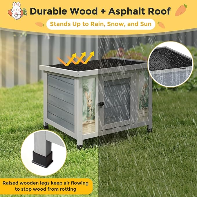 COZIWOW 24 Inch Rabbit Hutch Outdoor, Weatherproof Cat House, Bunny Cage Indoor with Non-Slip Ramp, Portable Wooden Shelter for Rabbits, Feral Cats, Chicken, Duck & Other Small Animals (Grey)