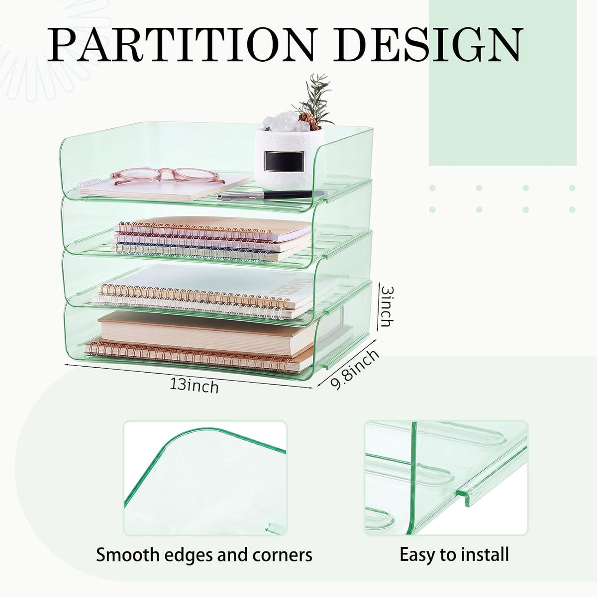 Harloon 4 Tier Clear Sage Green Acrylic Paper Organizer Letter Tray, Aesthetic Stackable Desk File Organizer Paper Holder Office Tray for A4, Modern Office Classroom Home File Pad Books Notes