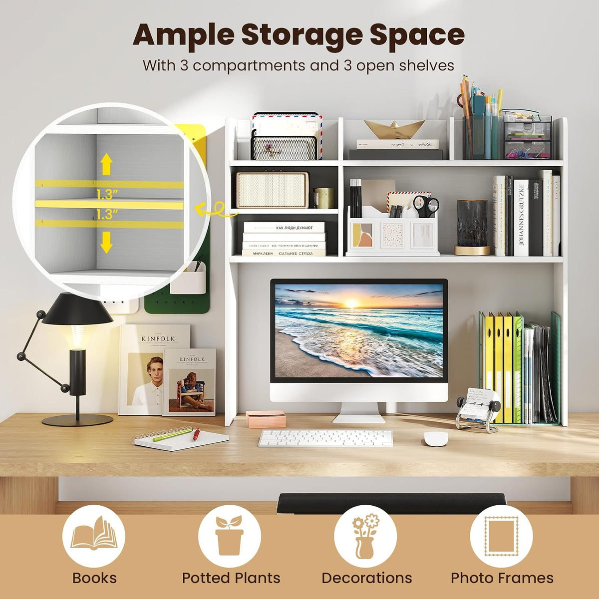 GIANTEX Desktop Bookshelf, 37" Desk Hutch Dorm for Computer Up to 32 Inch, Countertop Hutch w/6 Storage Shelves, 3-Tier Desktop Organizer Display Rack, Wood Desk Shelf for Home Office (White)