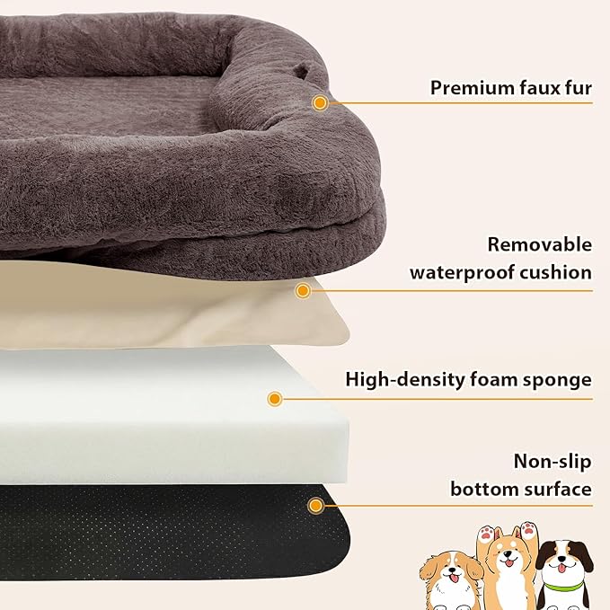 Human Dog Bed, 71 x 47 x 12 in Washable Extra Large Dog Bed for People, Giant DogBed with Storage Pockets, Brown