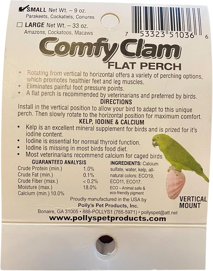 Polly's Comfy Clam Parrot Cage Flat Bird Perch for Macaws, Parakeets, Cockatiels, African Greys, Amazons and More (Blue/Yellow, Small)