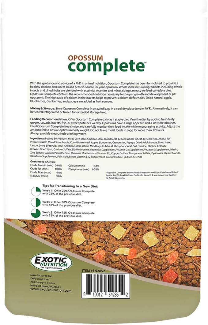 Exotic Nutrition Opossum Complete - Nutritionally Complete Healthy Pellet Diet - Food for Short-Tailed & Virginia Opossums (1 lb.) (Pack of 2)