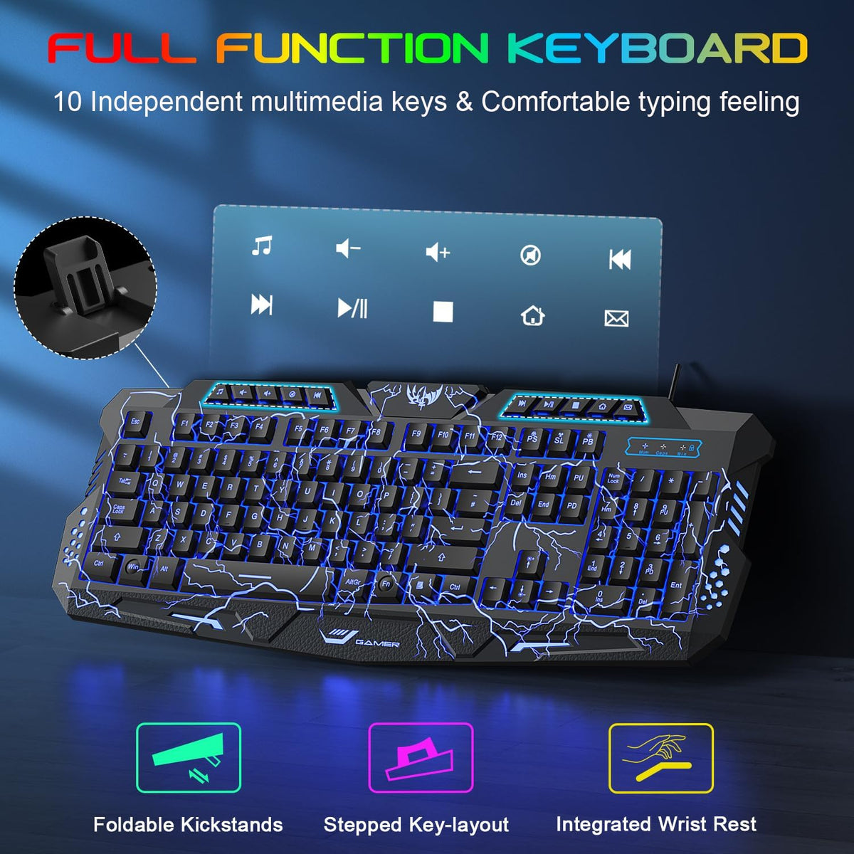 BlueFinger Backlit Gaming Keyboard, Mouse and LED Headset Combo - USB Wired 3 Color Crack Backlit, Blue LED Light Headset - Set for Work and Game