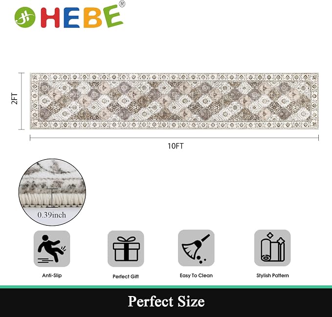 HEBE Hallway Runner Rug 2'x10' Washable Vintage Distressed Area Rugs Non Slip